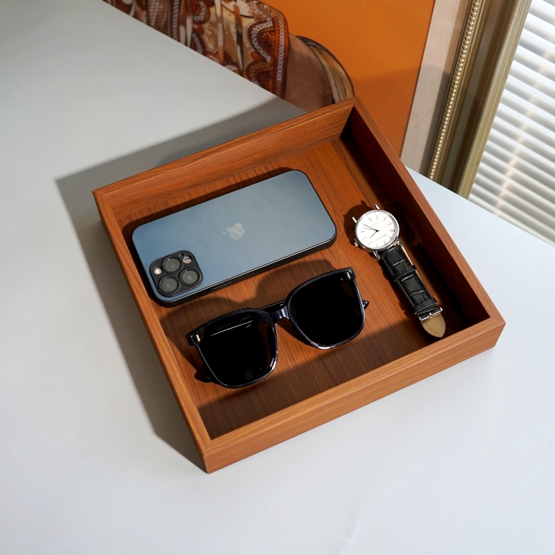 简约复古黑胡桃纹木质方形家用茶水托盘家居收纳整理盘起居小餐盘