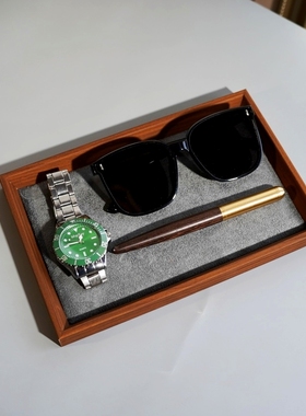 高档黑胡桃纹木质枪灰色麂皮绒内里珠宝首饰戒指陈列展示销售托盘