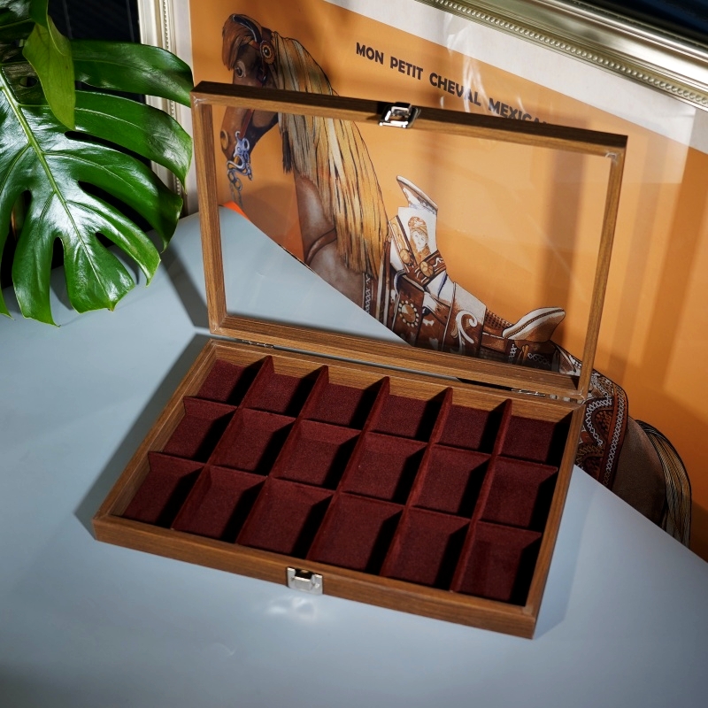 打火机18格收纳盒防风火机展示架收藏盒子展示透明带盖防尘黑胡桃