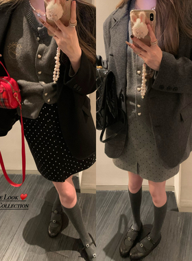 NSS COLLECTION 半岛miu系 开叉灰色短裙女设计感黑色波点半身裙