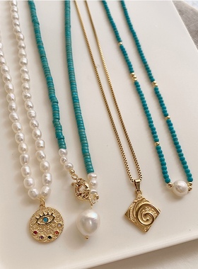 手工串珠设计蓝色绿松石锁骨链