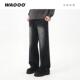 磨毛牛仔裤 WAOOO 秋冬新款 子男直筒设计师抓痕洗水抽绳松紧腰黑色