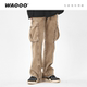 长裤 WAOOO潮牌 子男 拉链修身 盖鞋 高街重工沙色水洗工装 牛仔裤