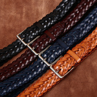 3.5cm宽腰带男真皮手工编织皮带男款纯牛皮编制针扣百搭休闲裤带
