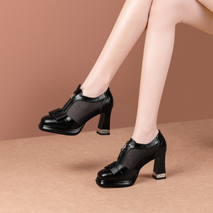 真皮网纱女鞋2026年春夏凉鞋粗跟8CM高跟鞋透气镂空配裙子小皮鞋