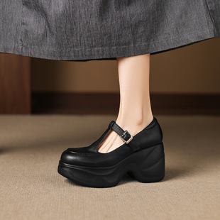 厚底增高玛丽珍皮鞋 丁字扣带黑色粗跟女鞋 女时尚 9cm头层羊皮单鞋