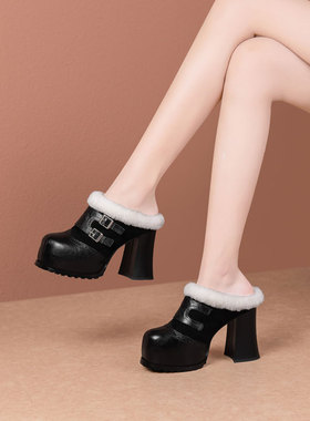 10cm牛皮气质羊毛毛拖鞋女粗跟防水台包头半拖鞋超高跟懒人鞋黑色