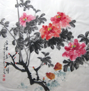 手绘餐厅走廊家居装饰字画 国画花鸟 云清四尺斗方牡丹花8735