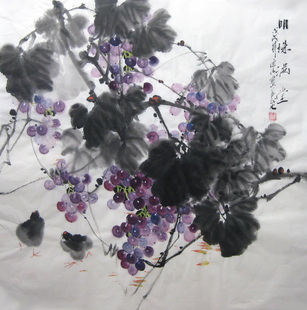 手绘餐厅走廊家居装饰字画 国画花鸟 云清四尺斗方果蔬葡萄8733