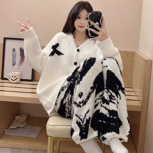 半边绒睡衣女珊瑚绒套装家居服