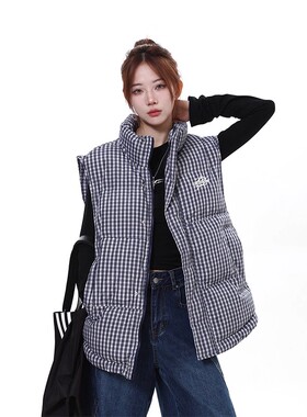 ARKU美式无袖格子坎肩棉衣马甲女宽松立领棉服夹棉外套jennie同款