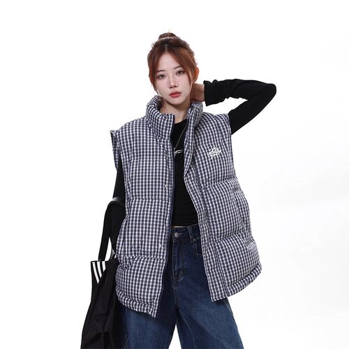 美式无袖格子坎肩棉衣马甲女宽松