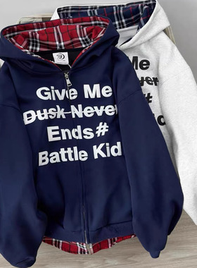 Nuneon美式高街假两件格子开衫连帽衫加绒卫衣外套秋冬宽松女情侣