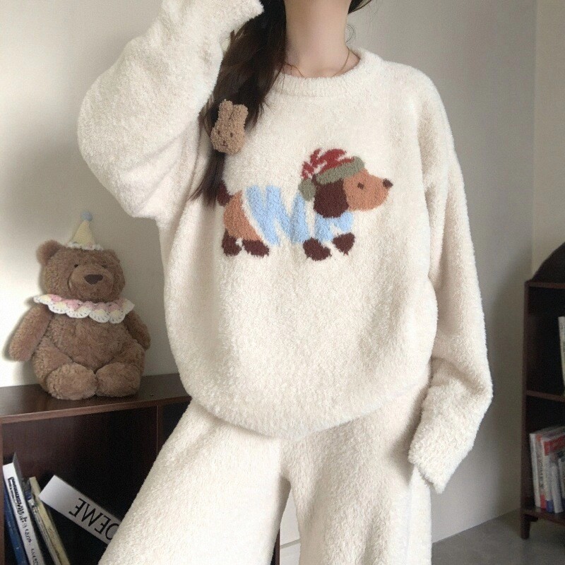 可爱腊肠狗半边绒秋冬睡衣家居服