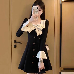 小香风连衣裙2024新款 女秋冬设计感气质复古收腰显瘦内搭黑色裙子