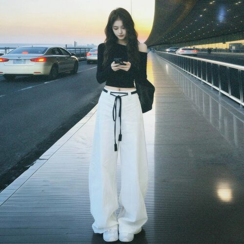 漂亮穿搭黑色上衣阔腿裤套装女