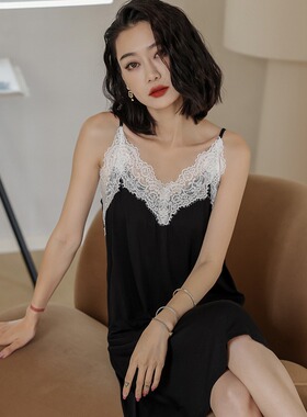 夏季吊带睡裙女带胸垫性感蕾丝露背莫代尔睡衣纯欲黑色夏天家居服
