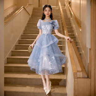 法式蓝色晚礼服女2025新款高端轻奢小众宴会主持人长裙成人礼毕业