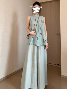 旗袍印花上衣轻奢阔腿裤 睡衣女夏季 爆款 新中式 两件套 国风2025新款