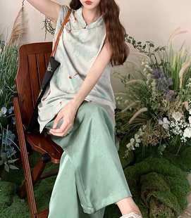 两件套 睡衣女夏季 新中式 2025新款 缎面鲤锦旗袍印花上衣绿色阔腿裤
