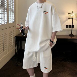 仓树一石潮牌华夫格短袖短裤男夏季潮流运动两件套青少年休闲套装