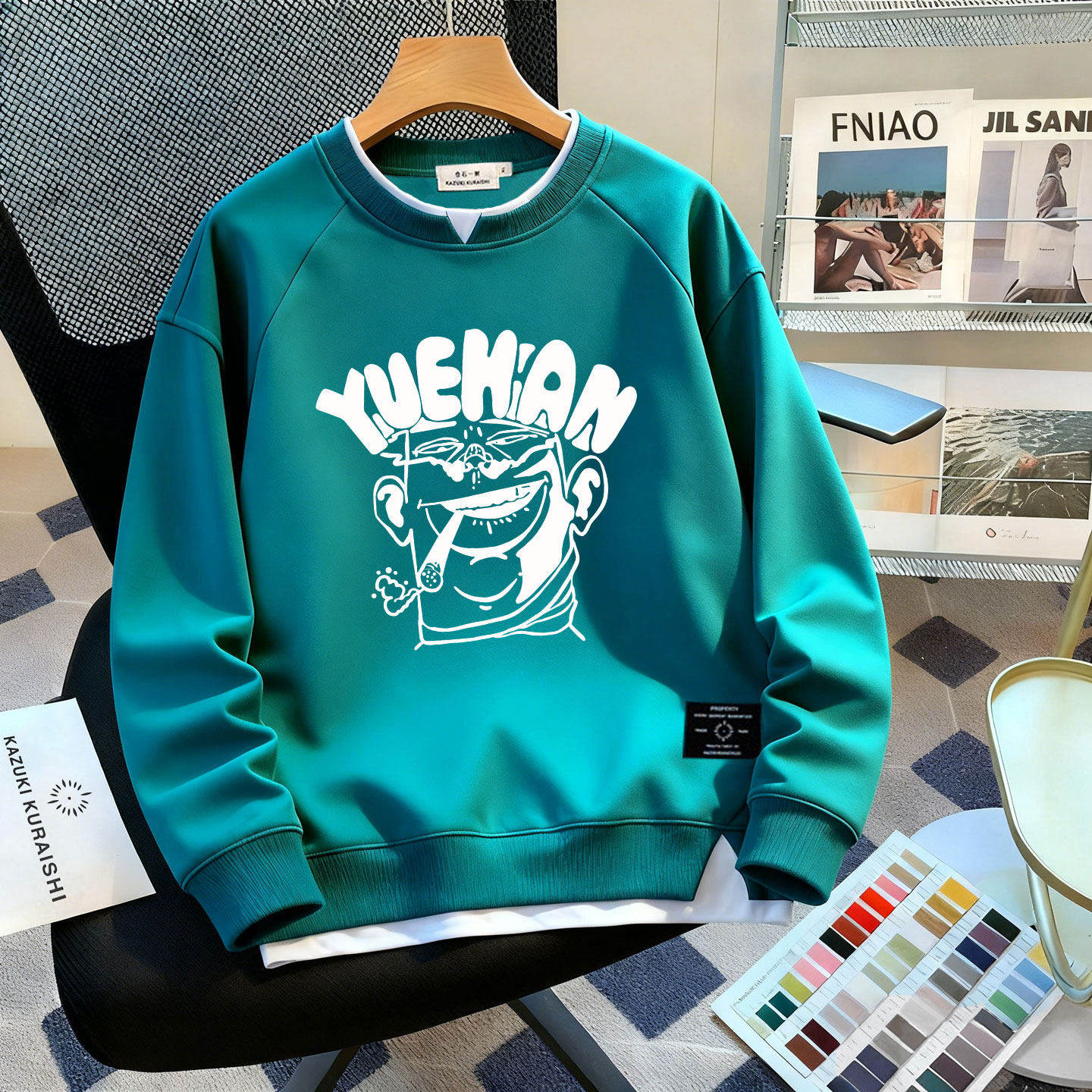 仓树一石纯棉圆领卫衣男生假两件春秋季新款潮牌冬季加绒长袖t恤