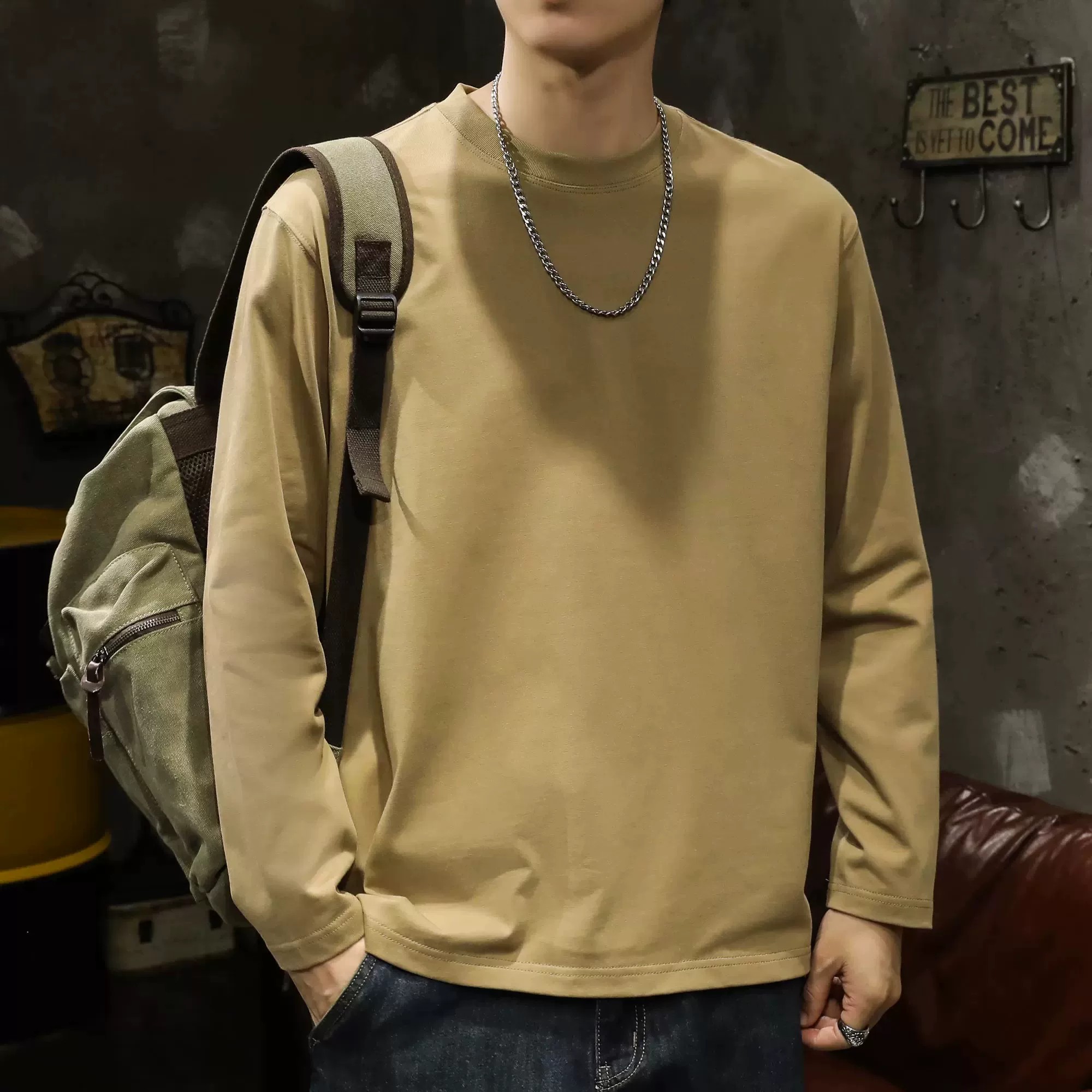 仓树一石纯棉白色长袖T恤男春秋季重磅打底衫内搭上衣男圆领卫衣