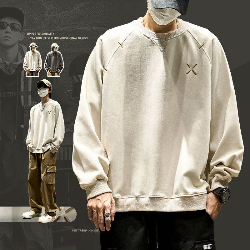 仓树一石潮牌重磅刺绣插肩袖美式卫衣男士圆领秋冬季加绒长袖T恤