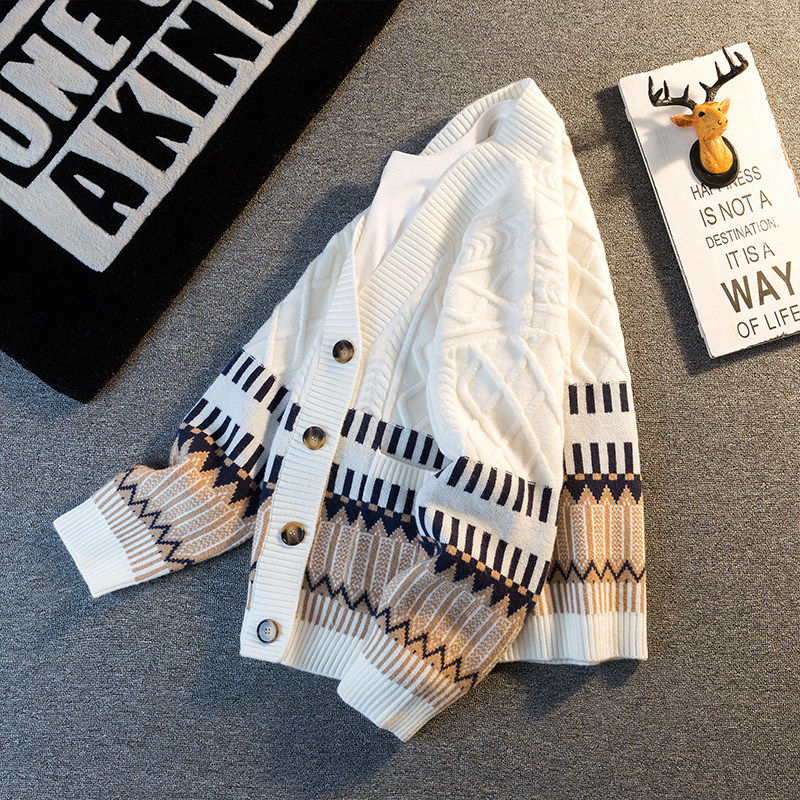 仓树一石潮牌高级感菱格纹毛衣开衫男秋冬款加厚宽松百搭针织外套