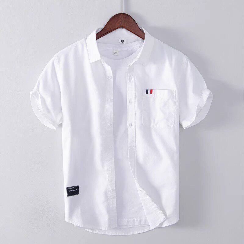 仓树一石潮牌夏季日系白色短袖衬衫男高级感时尚透气百搭休闲上衣