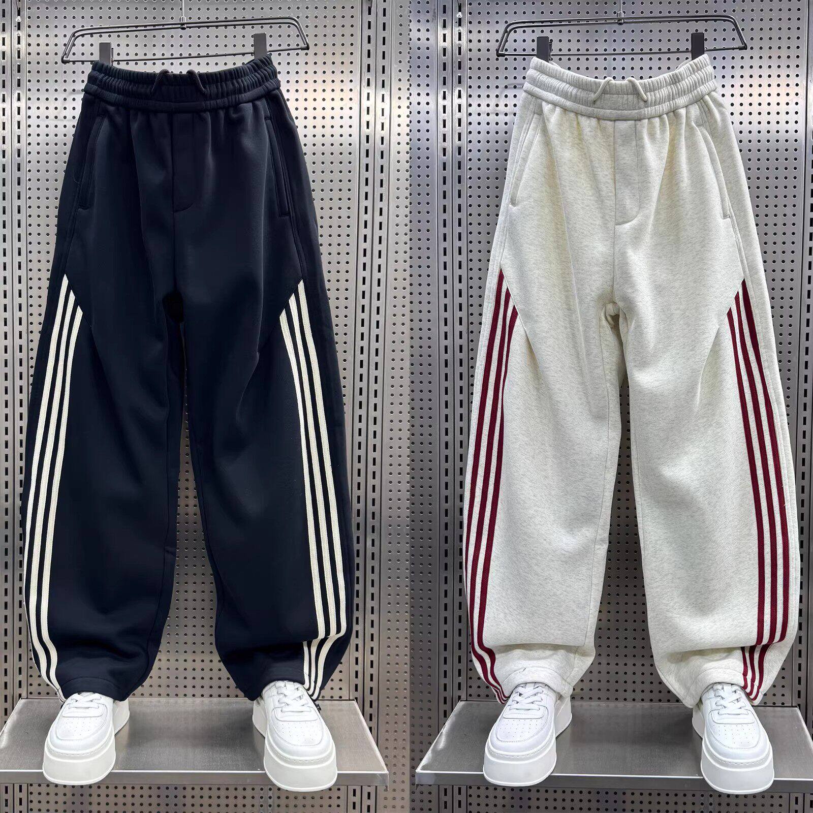 仓树一石轻奢美式条纹运动卫裤男薄款春秋季垂感直筒阔腿休闲长裤