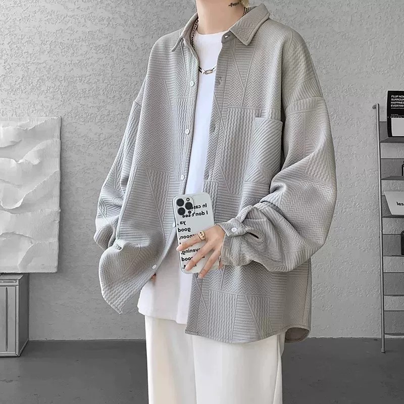 仓树一石潮牌灰色长袖衬衫男复古高级感时尚提花宽松休闲衬衣外套