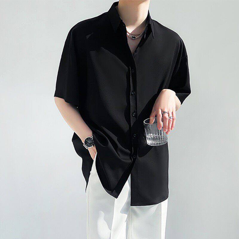 仓树一石黑色短袖衬衫男潮牌潮流夏季薄款痞帅冰丝宽松休闲衬衣