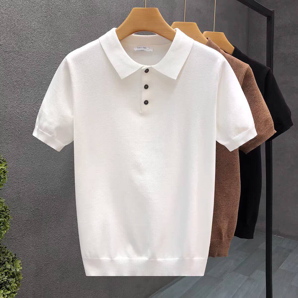 仓树一石潮牌白色翻领针织短袖T恤男春夏季薄款休闲POLO高端上衣