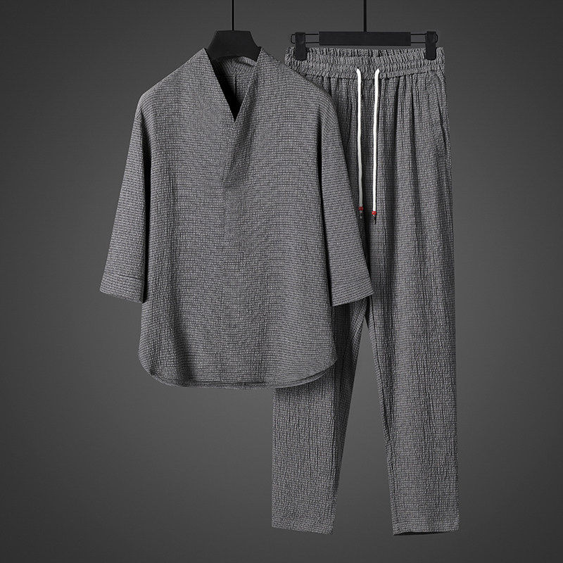 仓树一石中国风夏季复古风冰丝短袖男士套装上衣V领中式汉服七分
