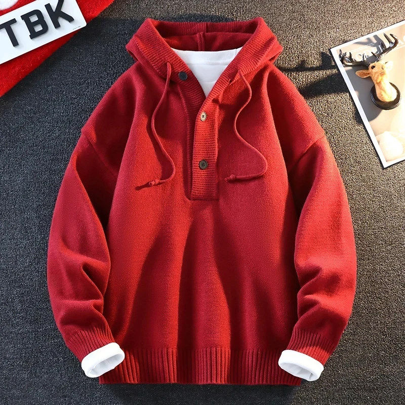 仓树一石潮牌连帽毛衣男士秋冬季新款宽松红色加厚针织衫休闲外套