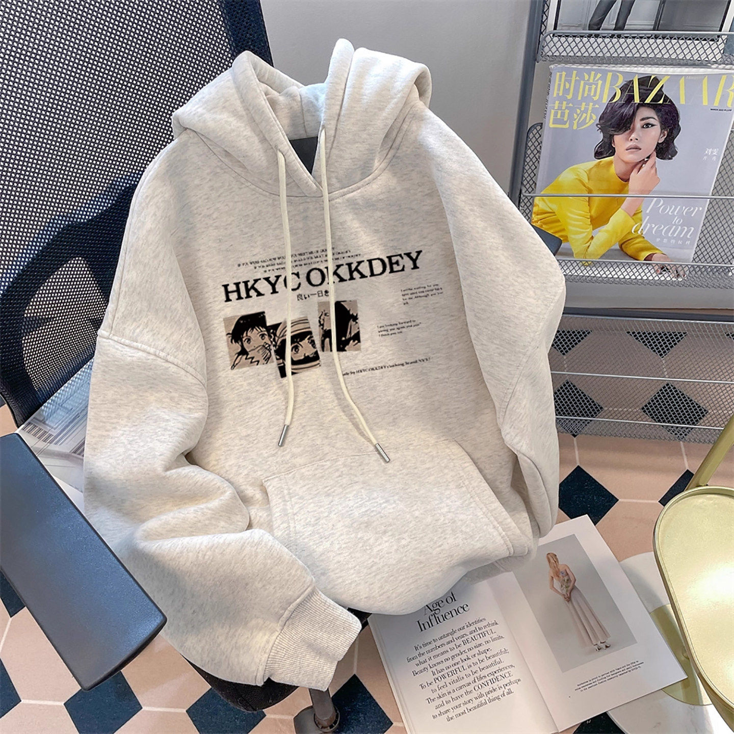 仓树一石高街重磅小众卡通印花连帽卫衣男士春秋美式加绒加厚大码