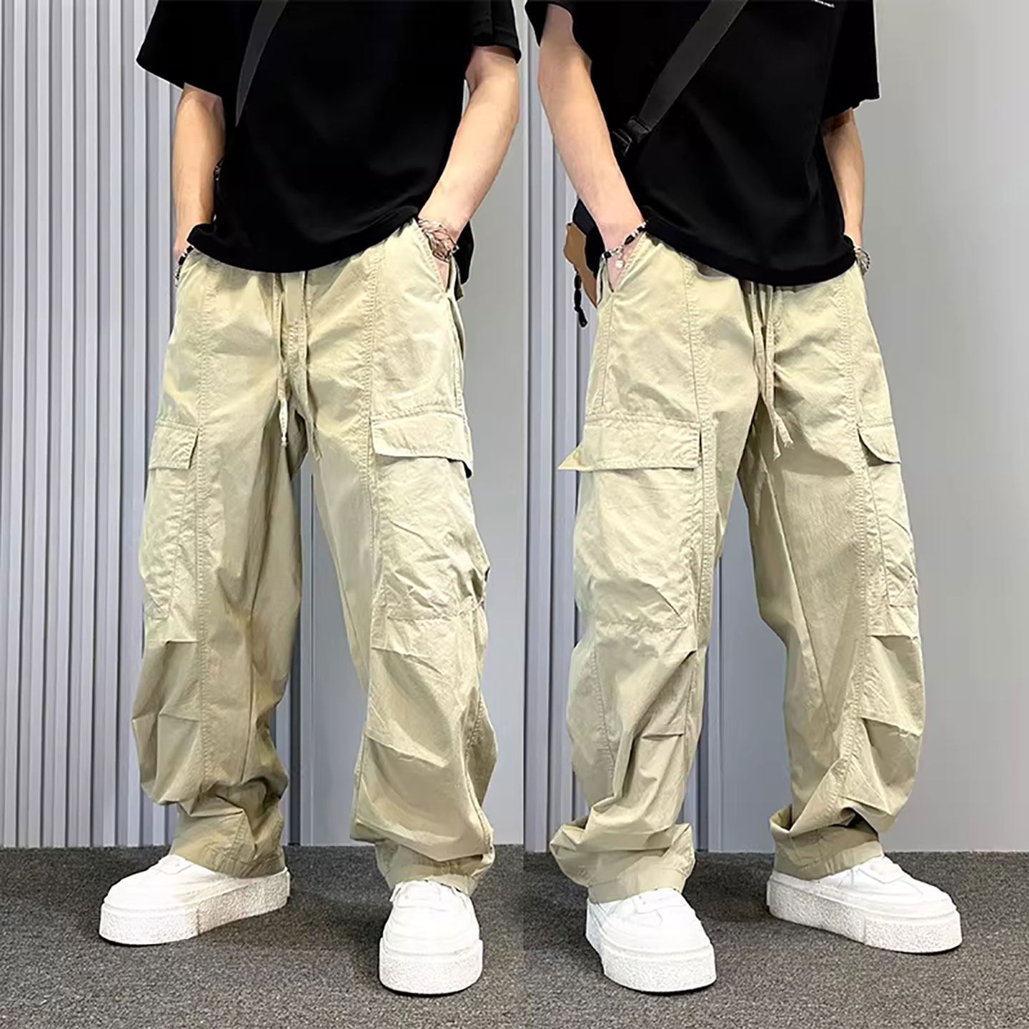 仓树一石美式街头弯刀工装裤男士春夏季卡其色宽松直筒阔腿休闲裤