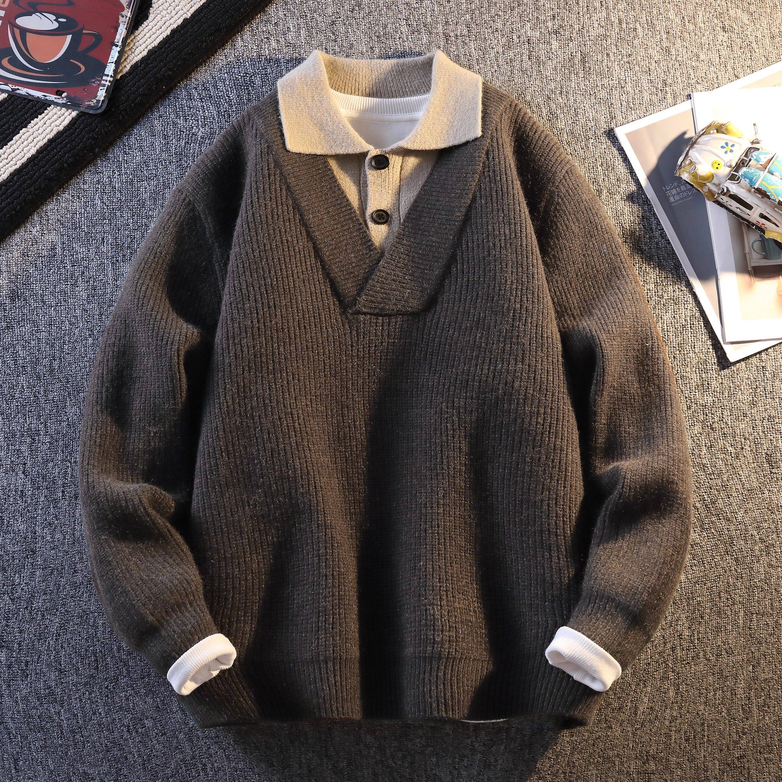 仓树一石美式复古老钱风假两件毛衣男士冬季内搭Polo领衬衫针织衫
