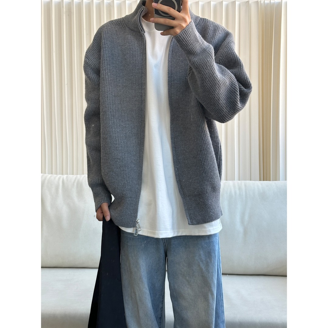 仓树一石立领拉链毛衣外套男女款春秋穿搭纯色美式复古针织衫潮牌