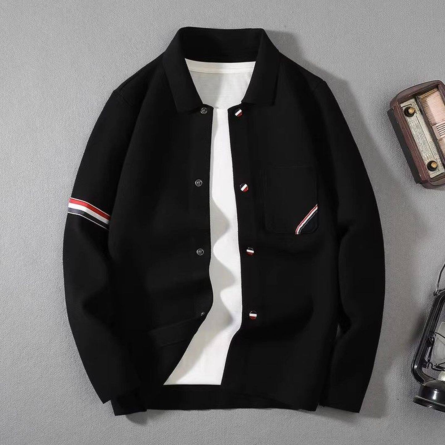 仓树一石潮牌开衫毛衣男士秋季新款宽松休闲百搭翻领针织夹克外套