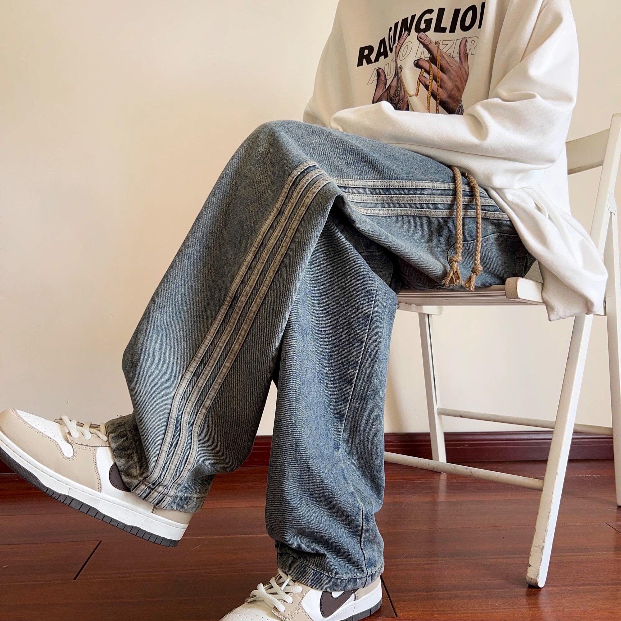 仓树一石美式牛仔裤男款春季新款潮牌青少年宽松阔腿痞帅直筒裤子