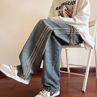仓树一石美式牛仔裤男款春季新款潮牌青少年宽松阔腿痞帅直筒裤子