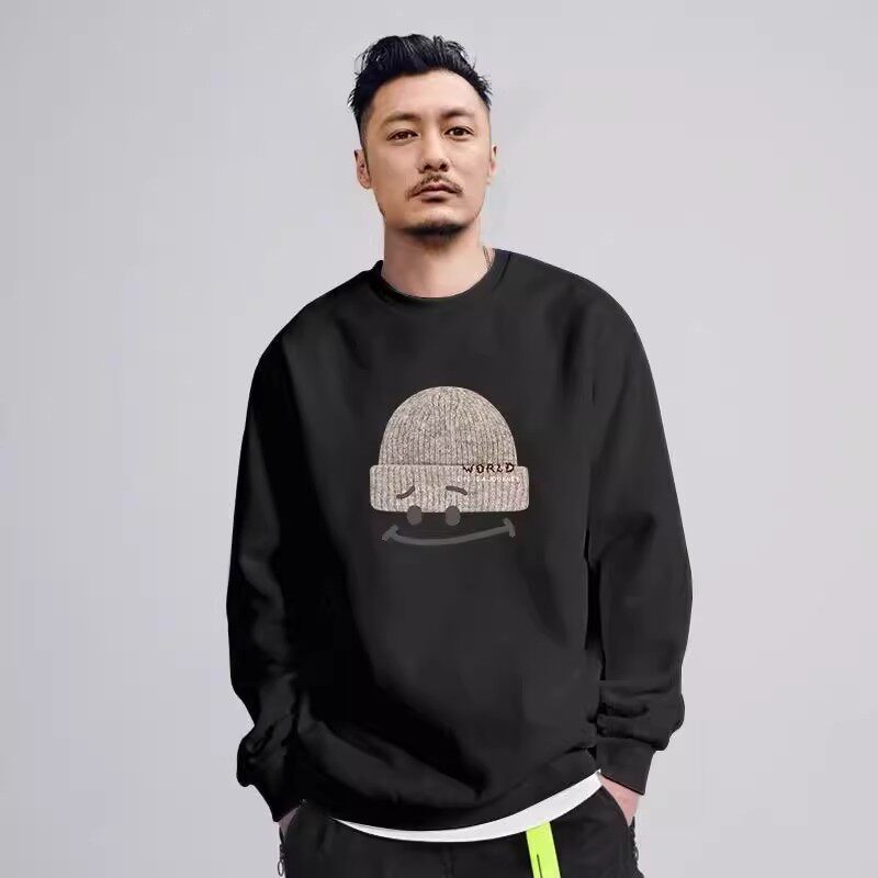仓树一石帽子笑脸美式潮牌黑色卫衣男圆领秋冬款加绒大码宽松上衣