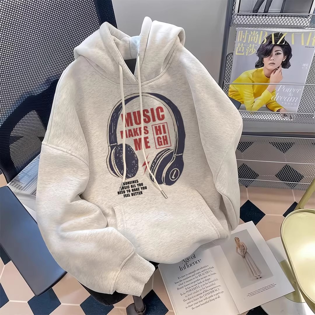 仓树一石秋冬新款男士耳机印花连帽卫衣白灰色加绒加厚休闲上衣潮
