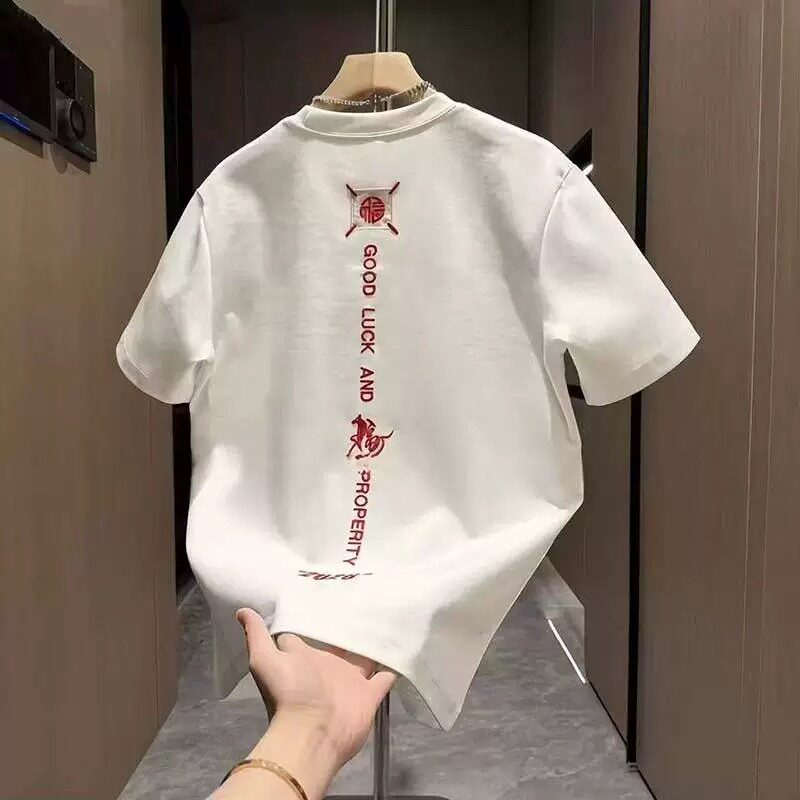 仓树一石国潮短袖T恤男士夏季新款宽松重磅纯棉字母印花半袖上衣