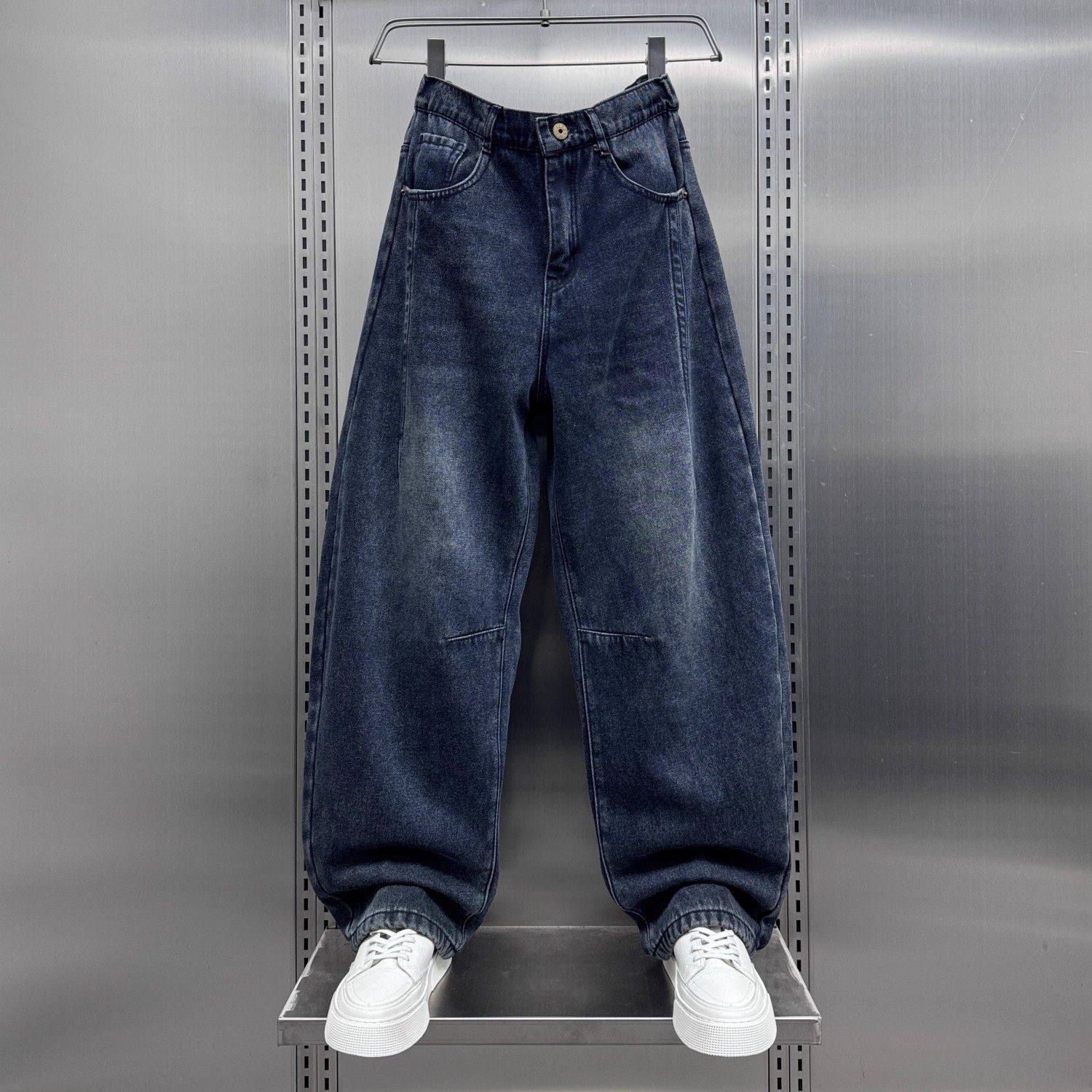 仓树一石美式风宽松牛仔裤男士秋冬季加绒加厚直筒阔腿休闲弯刀裤