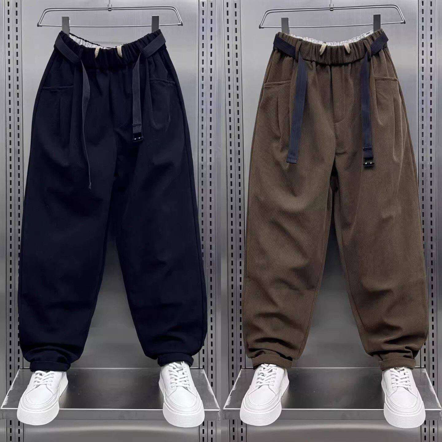 仓树一石潮牌高端休闲裤男士秋冬季宽松哈伦裤痞帅加绒直筒运动裤