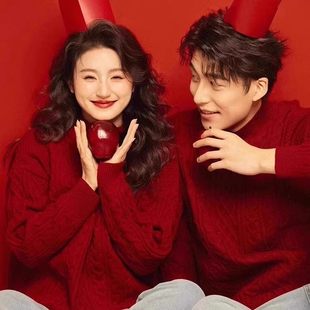 仓树一石潮牌本命年红色毛衣男慵懒简约粗麻花针织衫情侣装外套