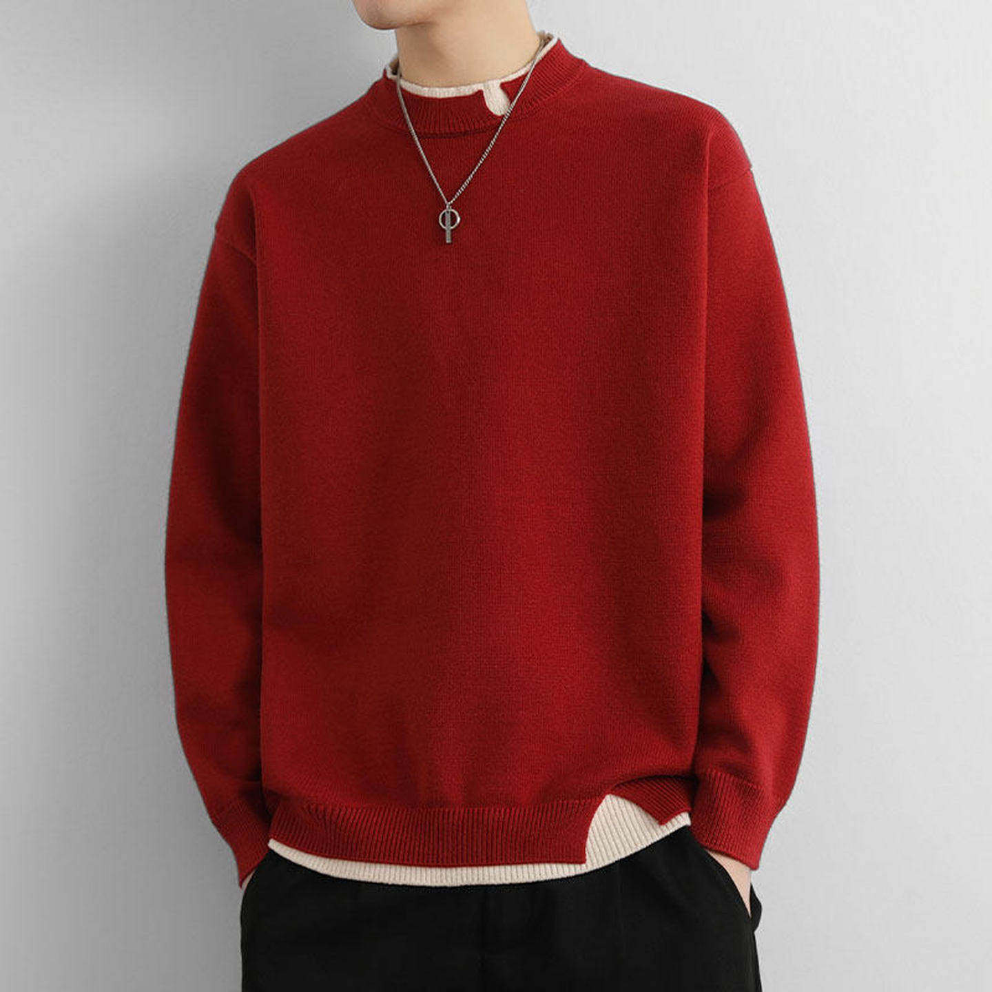 仓树一石潮牌假两件毛衣男秋冬宽松本命年红色针织衫高级感毛线衣